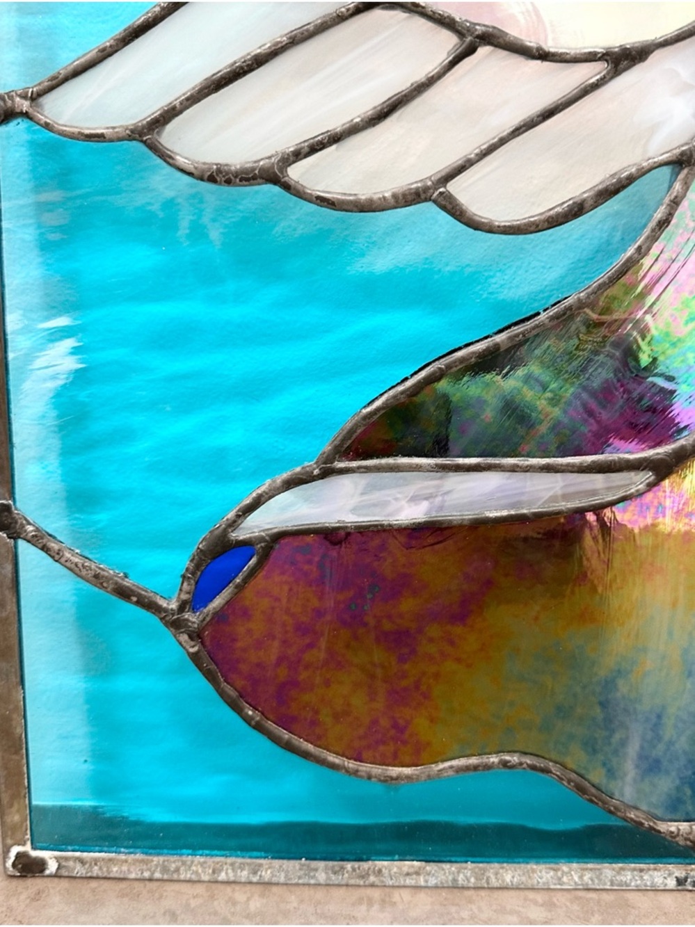 Stained Glass Angel Window Panel in Burgundy, White, Blue, Yellow 19 x 14 inches - Picture 9 of 14